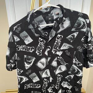 H&M JAWS Button-Up Shirt, Black Graphic Shark Print, 100 Percent Viscose, Size M